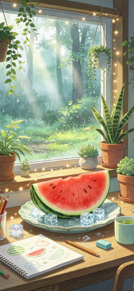 窗边西瓜绿植雨天治愈系清新插画动漫手机壁纸