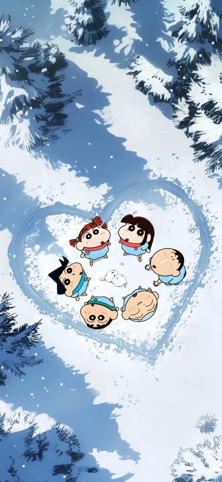 蜡笔小新雪地爱心合影冬日温馨动漫手机壁纸