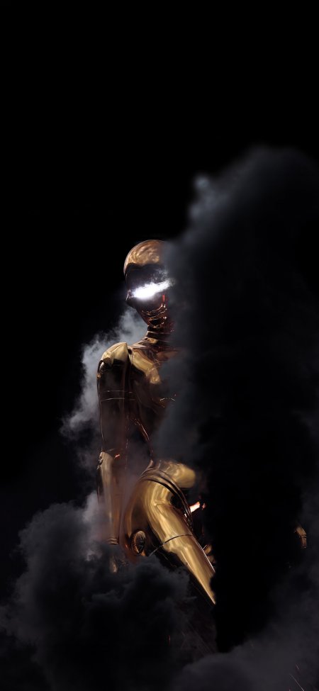 金色机器人烟雾缭绕科幻未来感人物手机壁纸