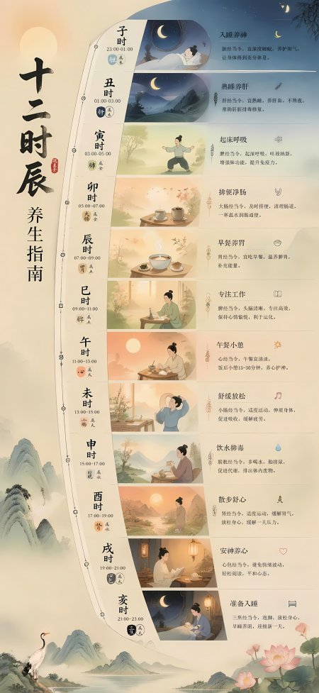 十二时辰养生指南古风插画中医健康科普知识情感文艺手机壁纸