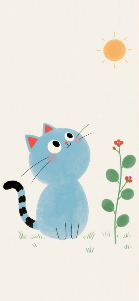 蓝色小猫看太阳红花清新手绘风格可爱动物手机壁纸