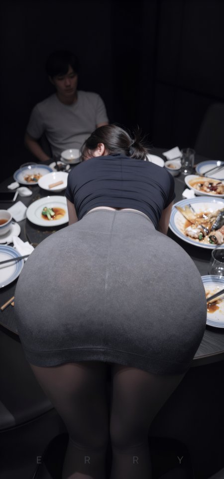 灰裙黑丝美女餐厅俯身用餐暗调氛围人物摄影手机壁纸