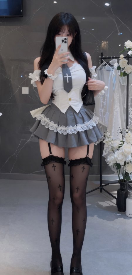 灰裙黑丝十字架袜美女对镜自拍哥特风人物摄影手机壁纸