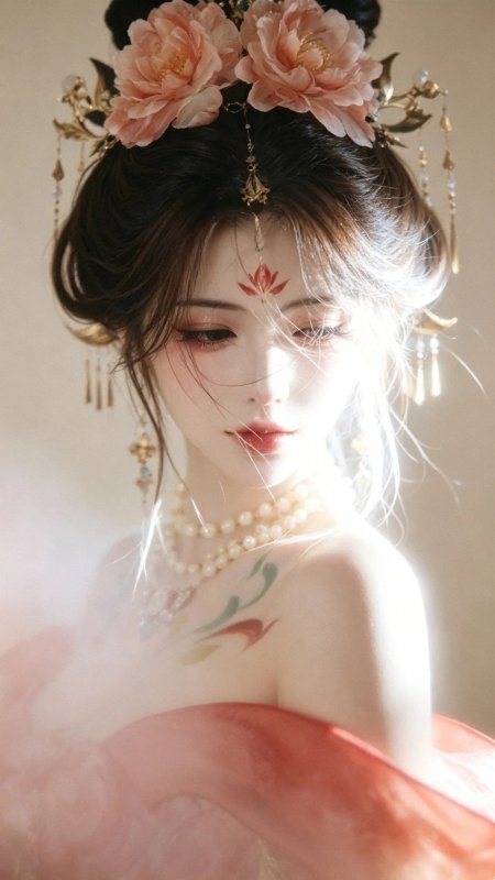 美女牡丹发饰珍珠项链古典妆容人物手机壁纸