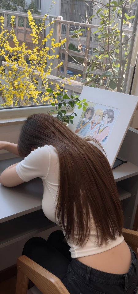 长发白衣美女伏桌窗边黄花绿植生活场景人物摄影手机壁纸