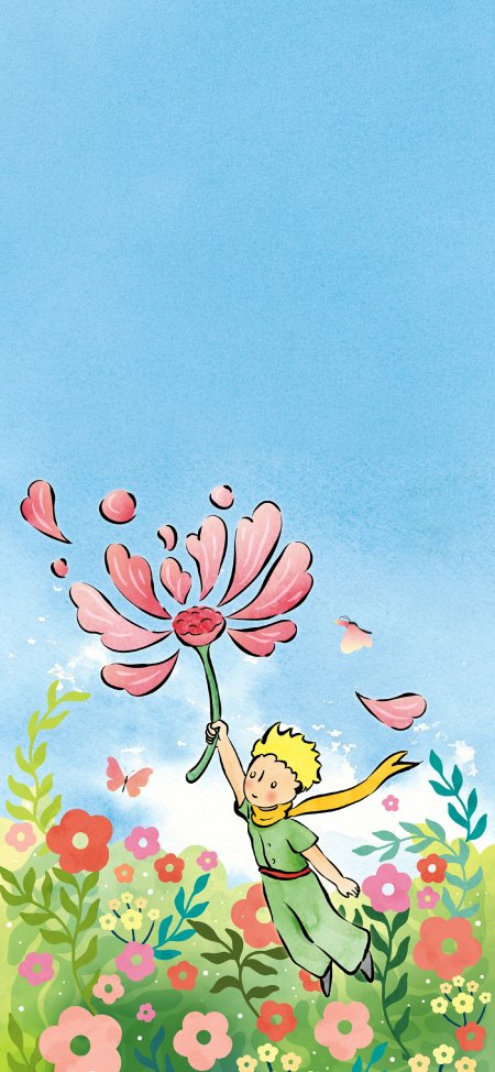 小王子手举粉色花朵奔跑花丛童话治愈系动漫手机壁纸