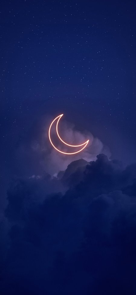 霓虹弯月悬于深蓝夜空云层间浪漫氛围情感文艺手机壁纸