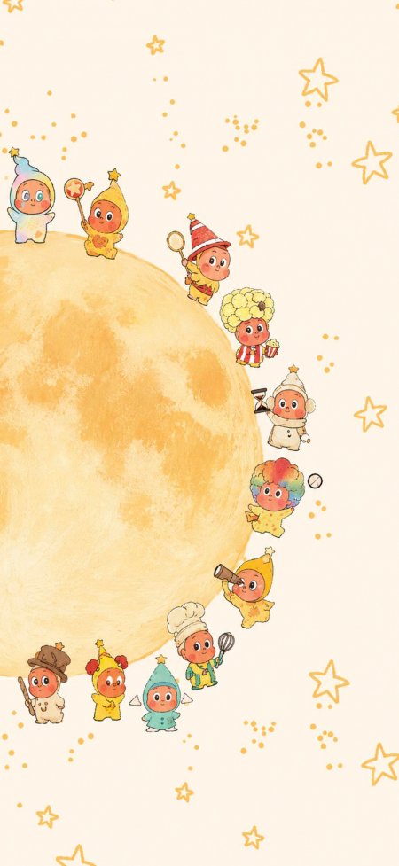 星星人排队绕月亮暖黄星空梦幻童话动漫手机壁纸