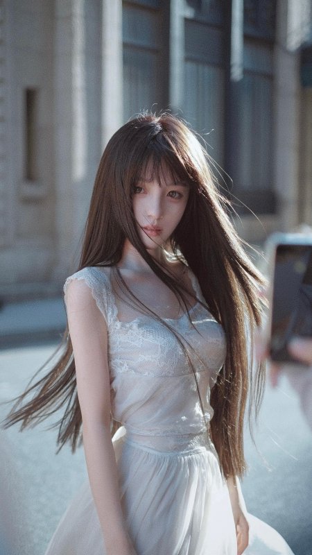 美女蕾丝背心长发飘逸街拍氛围人物手机壁纸