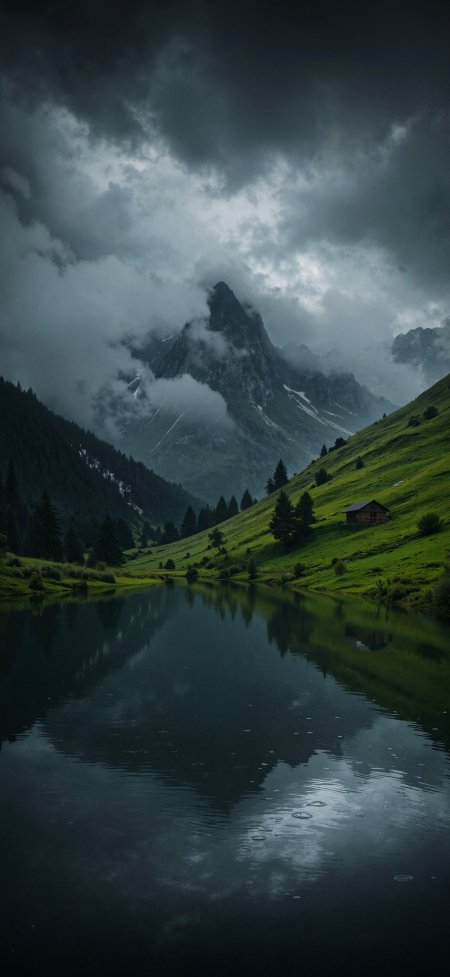 瑞士阿尔卑斯山雨雾缭绕湖泊倒影暗黑自然风景手机壁纸