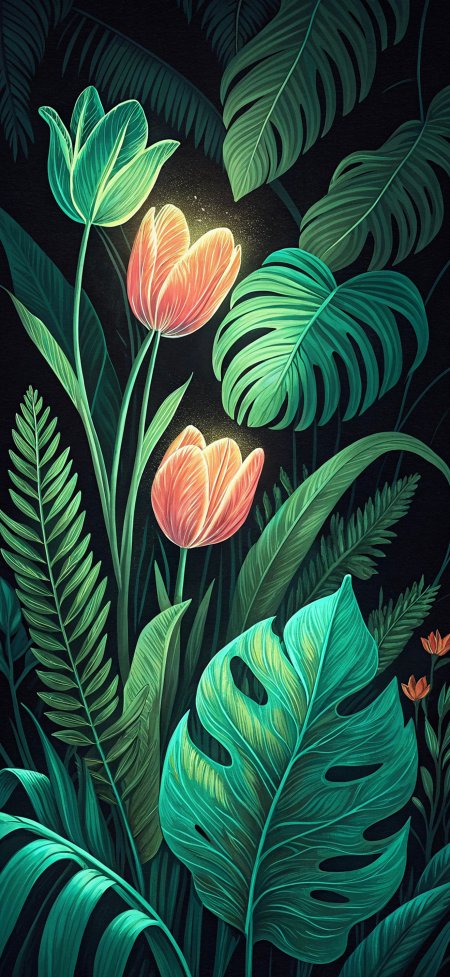 暗夜丛林发光郁金香热带植物插画动漫手机壁纸