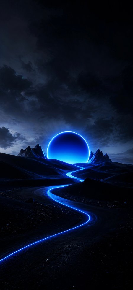 蓝色发光星球蜿蜒光路暗夜山脉赛博朋克风景手机壁纸