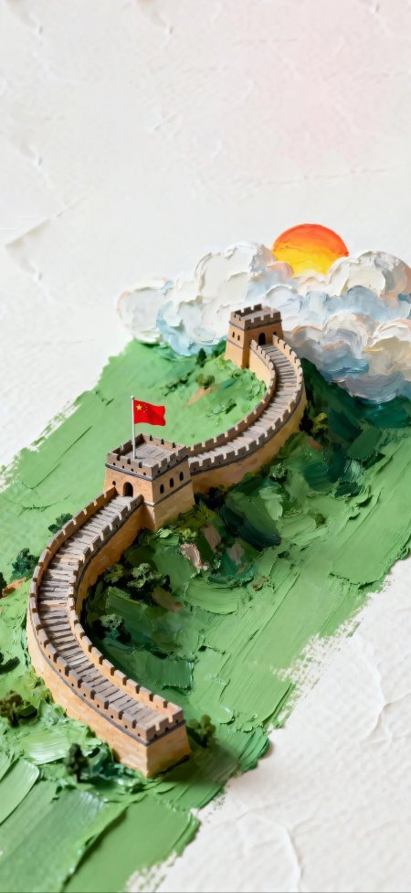 长城微缩模型油画质感创意爱国风景手机壁纸