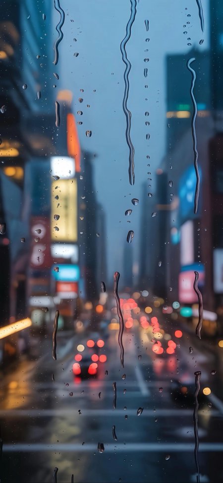 雨天车窗城市霓虹朦胧夜景氛围感风景手机壁纸