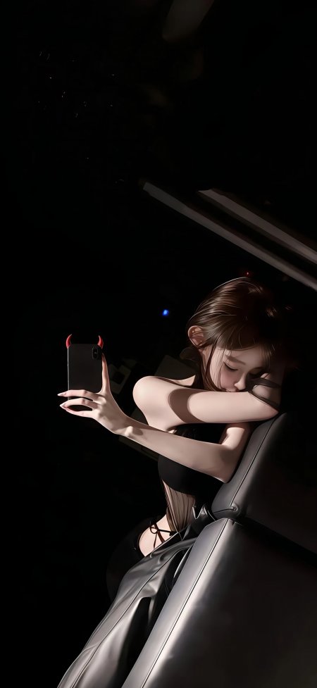 暗夜车内美女自拍红角手机壳人物手机壁纸