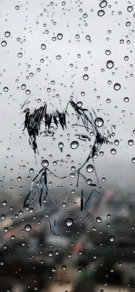 雨滴玻璃窗上动漫少女手绘线条忧郁情感文艺手机壁纸