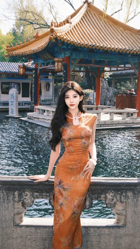 旗袍美女趵突泉亭台水榭古风人物手机壁纸