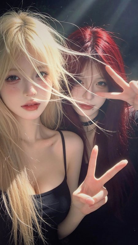 金发红发美女双V手势阳光洒落青春活力人物手机壁纸