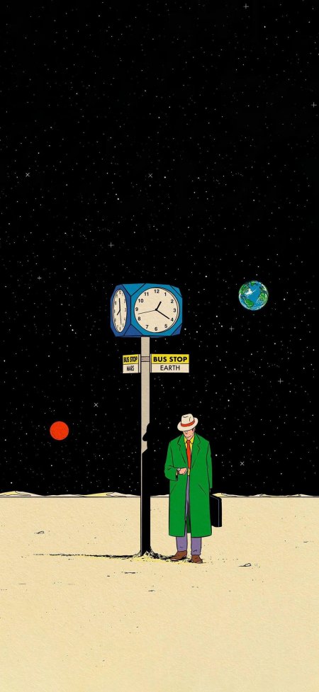 复古漫画男子宇宙公交站牌创意插画手机壁纸