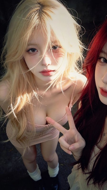 红发与金发美女闺蜜合照甜美风人物手机壁纸