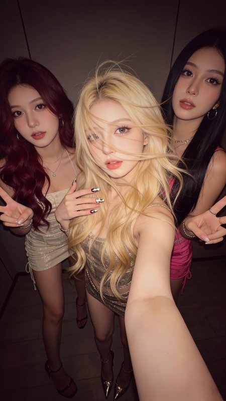 三位美女室内合影比耶手势时尚穿搭人物手机壁纸
