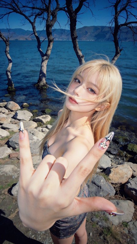 金发美女湖边比耶手势户外人像摄影人物手机壁纸