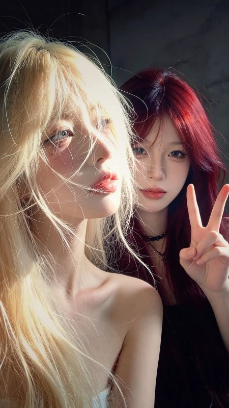 金发红发美女逆光自拍比耶手势唯美光影人物手机壁纸