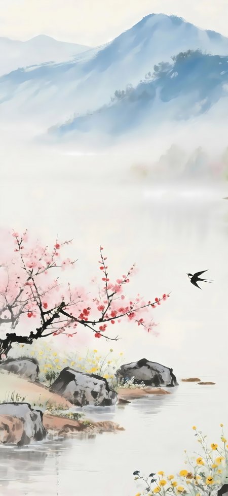 水墨画燕子桃花山水意境风景手机壁纸