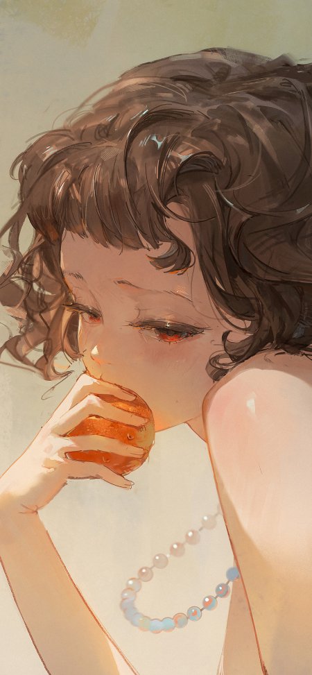 重返未来斯奈德少女吃橘子卷发珍珠项链情感文艺手机壁纸