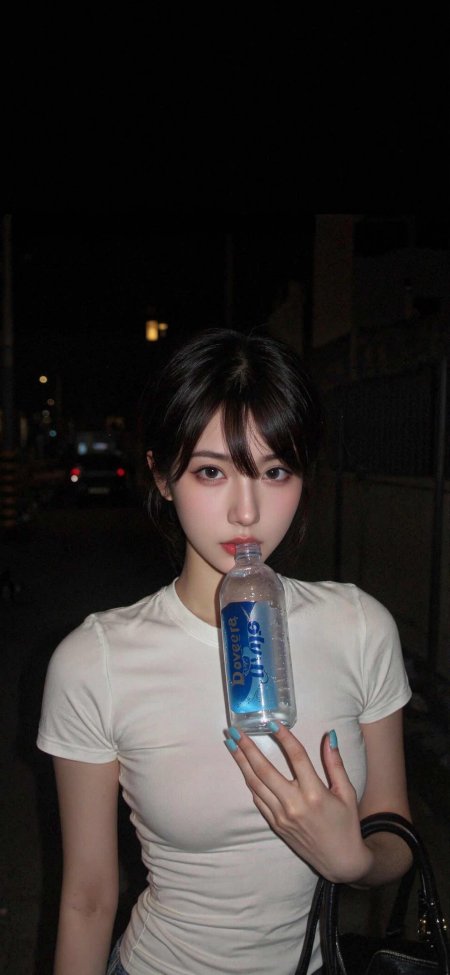 白衣美女夜间手持水瓶街头随拍人像摄影手机壁纸