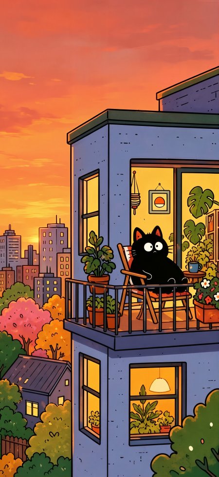 黑猫坐阳台看日落城市剪影温馨插画动漫手机壁纸