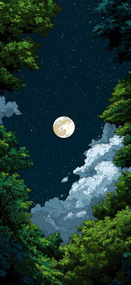 森林仰望星空满月云层环绕梦幻插画动漫手机壁纸