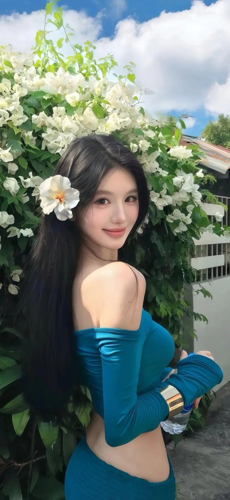 蓝衣美女白花发饰绿植前回眸户外人像摄影手机壁纸