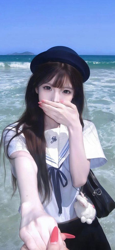 水手服少女海边牵手第一视角清新日系动漫手机壁纸