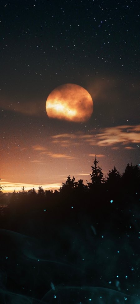 橙红巨月悬于星空之下松林剪影与微光粒子交织奇幻夜景风景手机壁纸