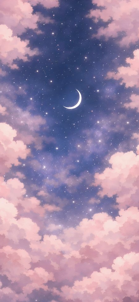 粉紫星空弯月云朵唯美梦幻动漫风格夜空风景手机壁纸