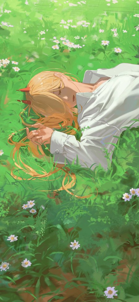 电锯人玛奇玛躺草地白花环绕治愈系插画动漫手机壁纸