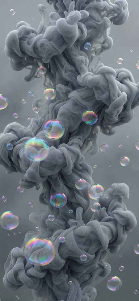 灰色烟雾升腾中彩色肥皂泡漂浮梦幻超现实抽象艺术设计手机壁纸