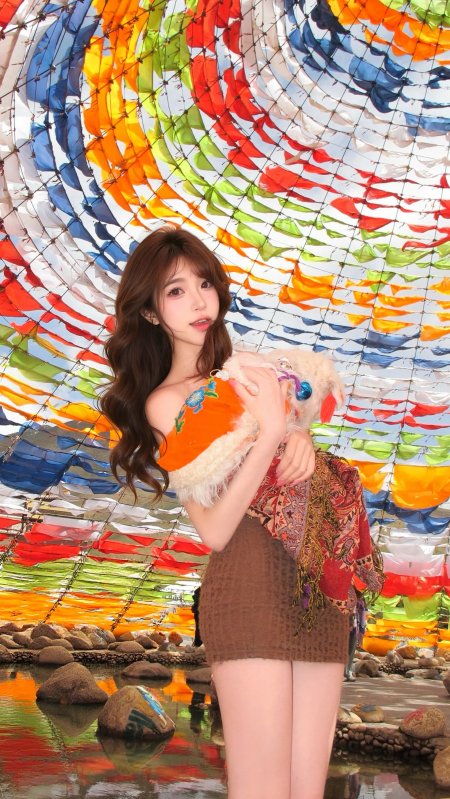 抱玩偶美女站彩伞水边甜美少女心旅拍人物摄影手机壁纸