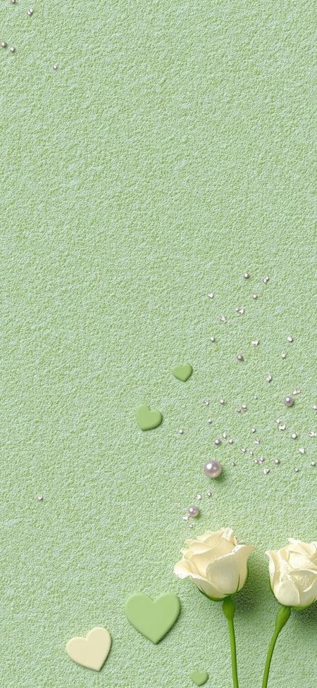 浅绿磨砂质感背景白玫瑰与爱心珍珠清新静物手机壁纸