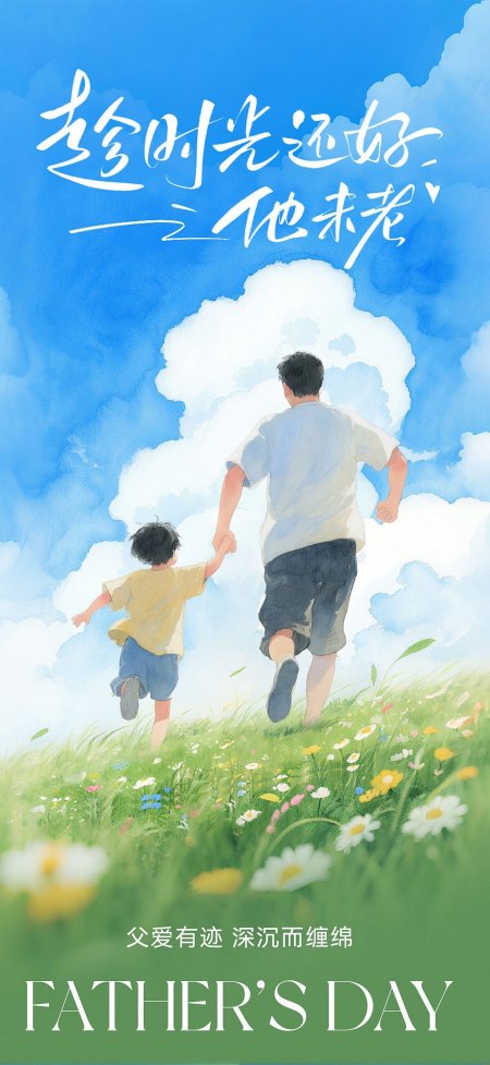 父亲牵手孩童奔跑草地蓝天水彩画温馨亲子动漫手机壁纸