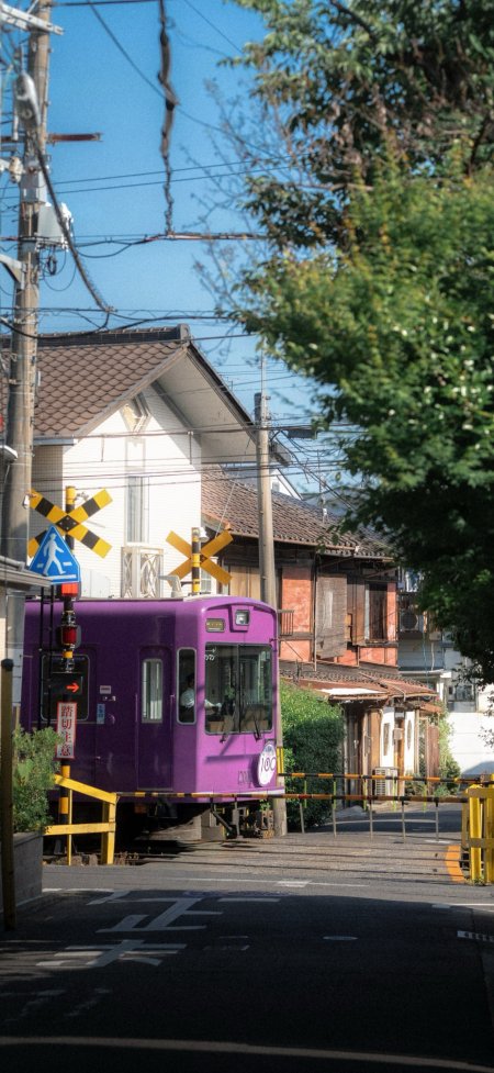 紫色电车穿行日式街道绿树掩映铁道口复古街景日系风光风景手机壁纸
