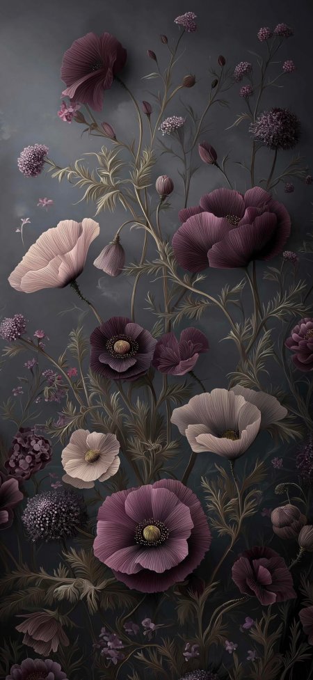 暗调紫粉色花卉插画复古植物图鉴暗黑美学静物手机壁纸