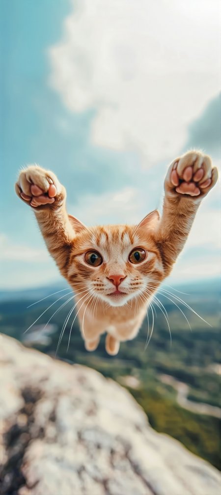 橘猫腾空跃起爪子前伸蓝天白云背景可爱治愈系动物手机壁纸