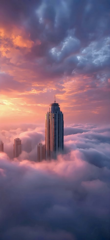 摩天大楼穿云而出粉紫晚霞笼罩梦幻都市建筑风景手机壁纸