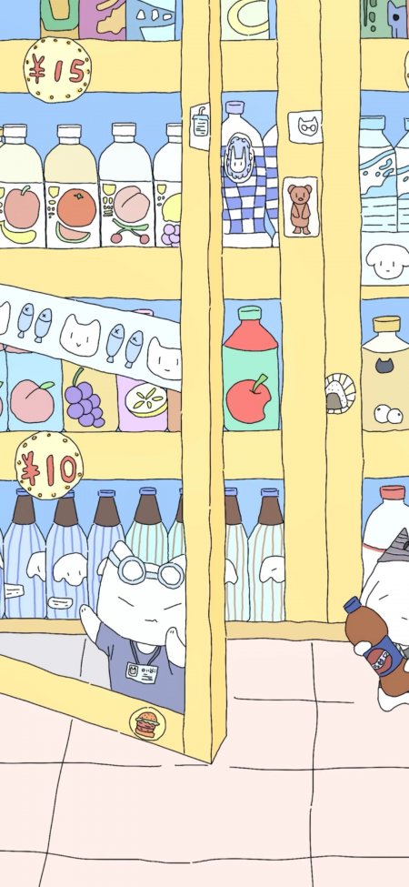 卡通猫咪便利店货架摆满饮料零食日系插画可爱动漫手机壁纸