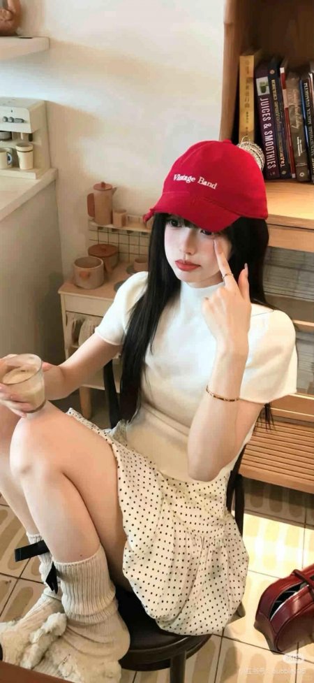 红帽白裙美女室内慵懒自拍时尚人像摄影手机壁纸
