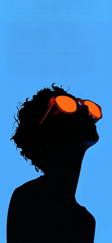 黑色剪影人物戴橙色墨镜仰望天空艺术感强烈人物插画手机壁纸