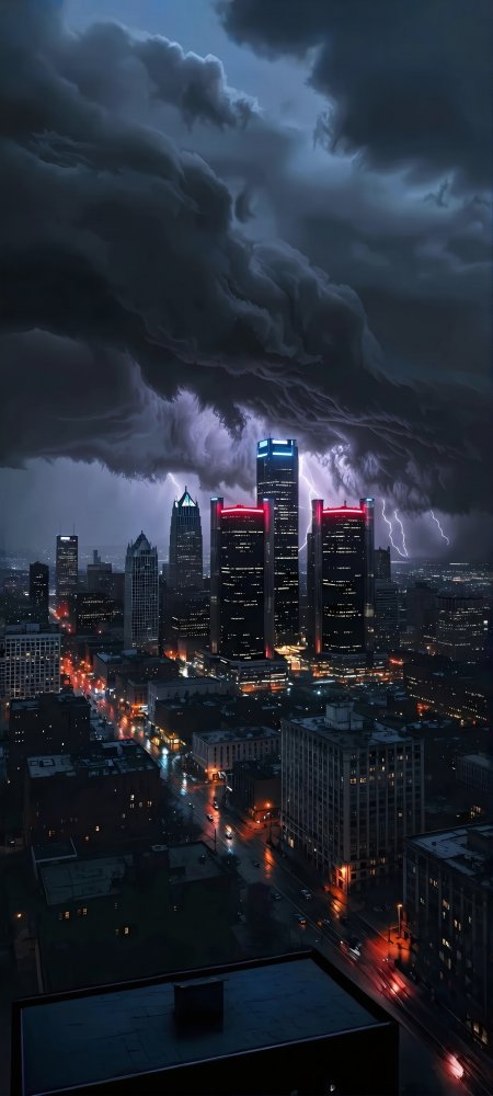 底特律城市夜景雷电交加高楼林立震撼视觉风景手机壁纸