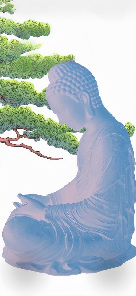 蓝紫佛像静坐松枝旁禅意艺术抽象设计手机壁纸